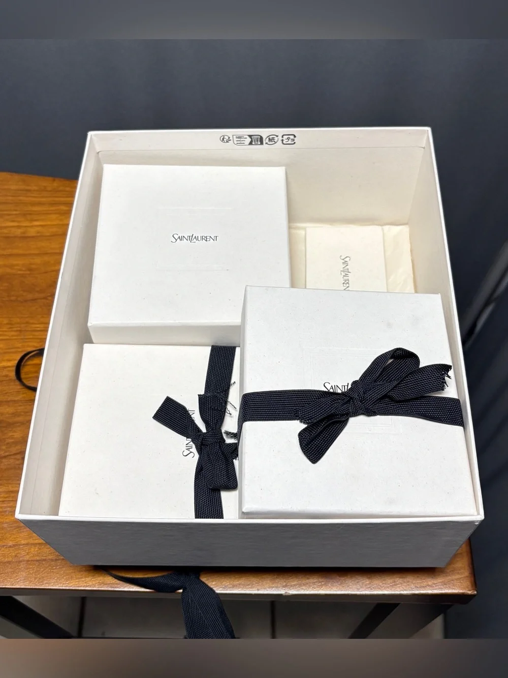 Saint Laurent White Gift Boxes Set with Black Stuffing/Ribbon + 2 Card Holders